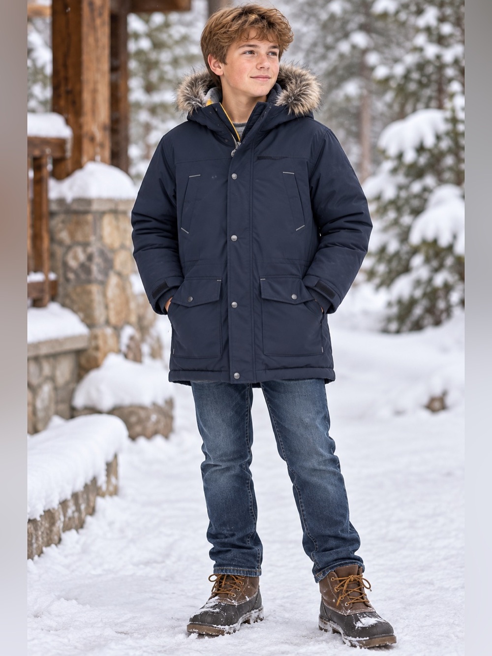 Lands’ End Expedition Parka Youth Boys 14-16 Navy Blue Faux Fur Hood Winter Coat